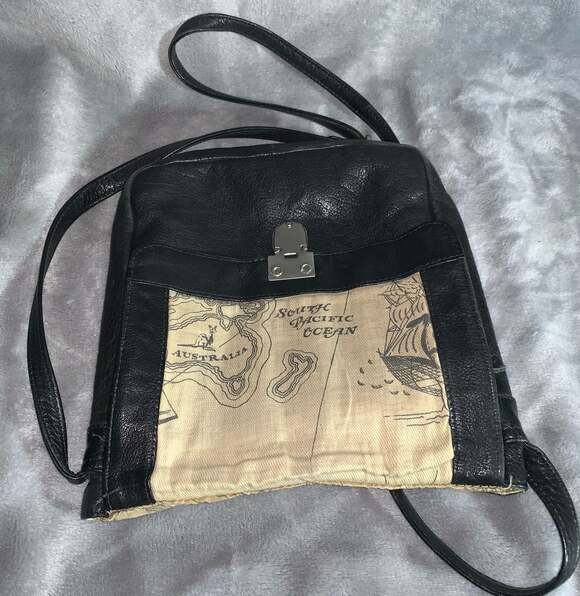 Black Leather Messenger Bag, Flap Over - Picture 3 of 4